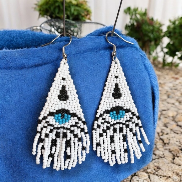 Evil Eye Seed Bead Fringe Earrings: Boho Dangle Earrings Handcrafted White Blue - Picture 9 of 17